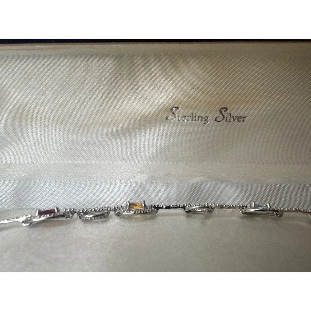 925 Sterling Silver Genuine Multi Gemstone Tennis Bracelet Blue Topaz Garnet NOS
